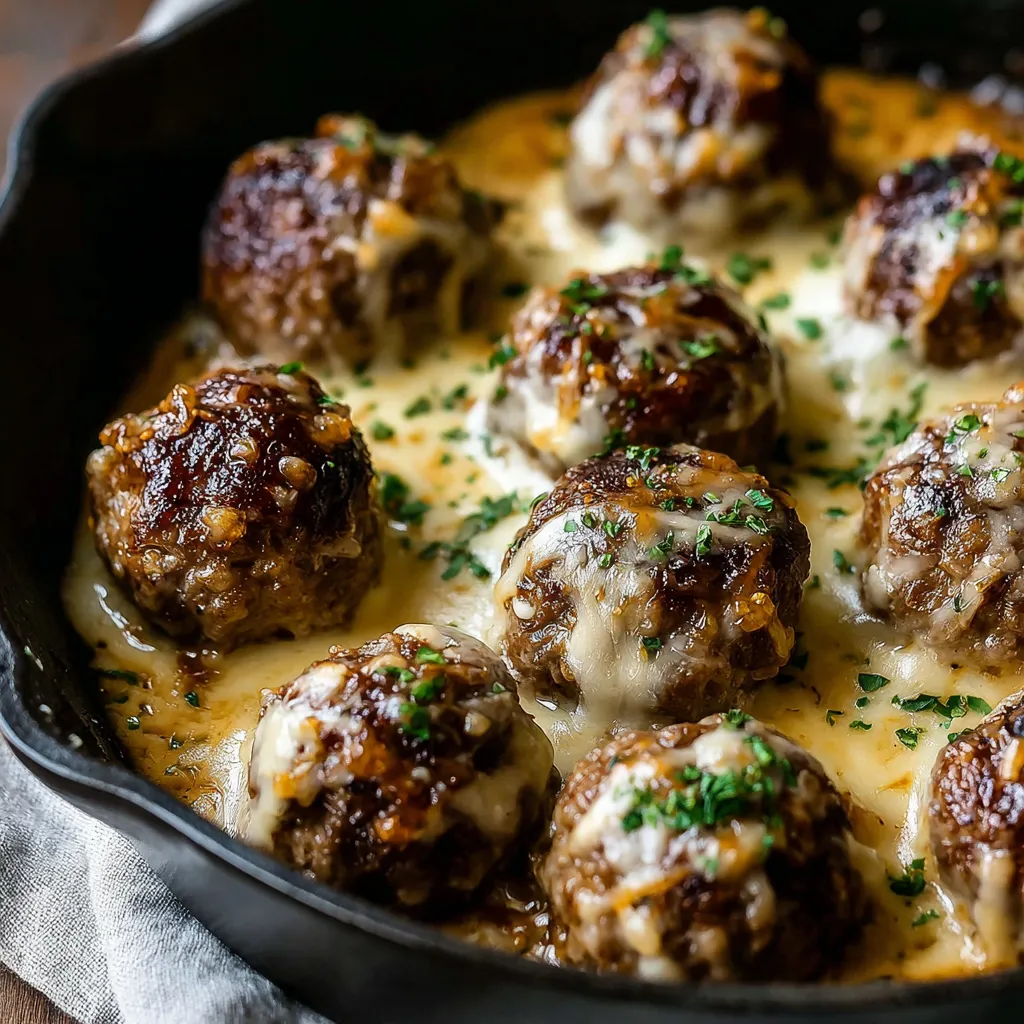 Close-up of Cheesy French Onion Meatballs, showing their melted cheese topping and savory onion gravy.