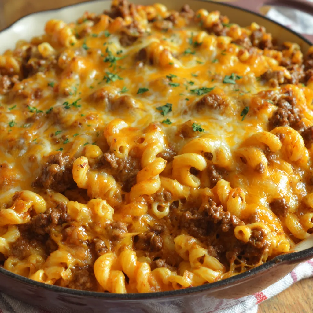 A close-up view of a freshly baked Cheesy Hamburger Casserole, showcasing its melted cheese topping and savory ground beef filling.