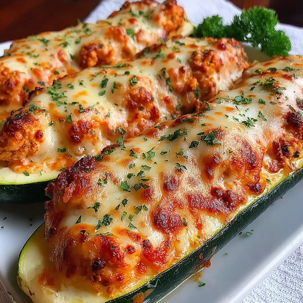 Chicken Parmesan Zucchini Boat Recipe Chicken Parmesan Zucchini Boats filled with cheesy chicken and marinara sauce are ready to be served.