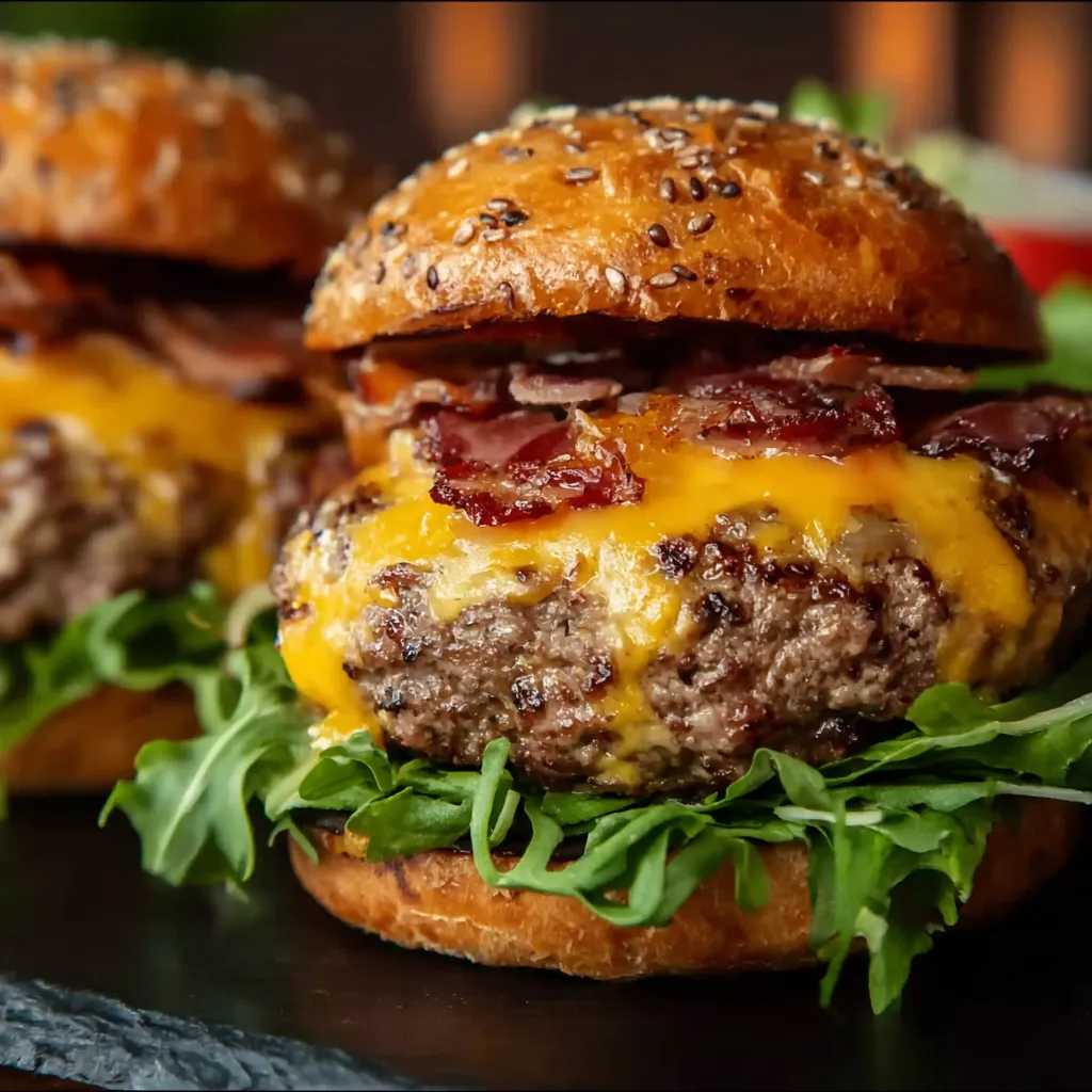 A close-up shot highlighting the enticing ingredients and construction of delicious Crack Burgers.