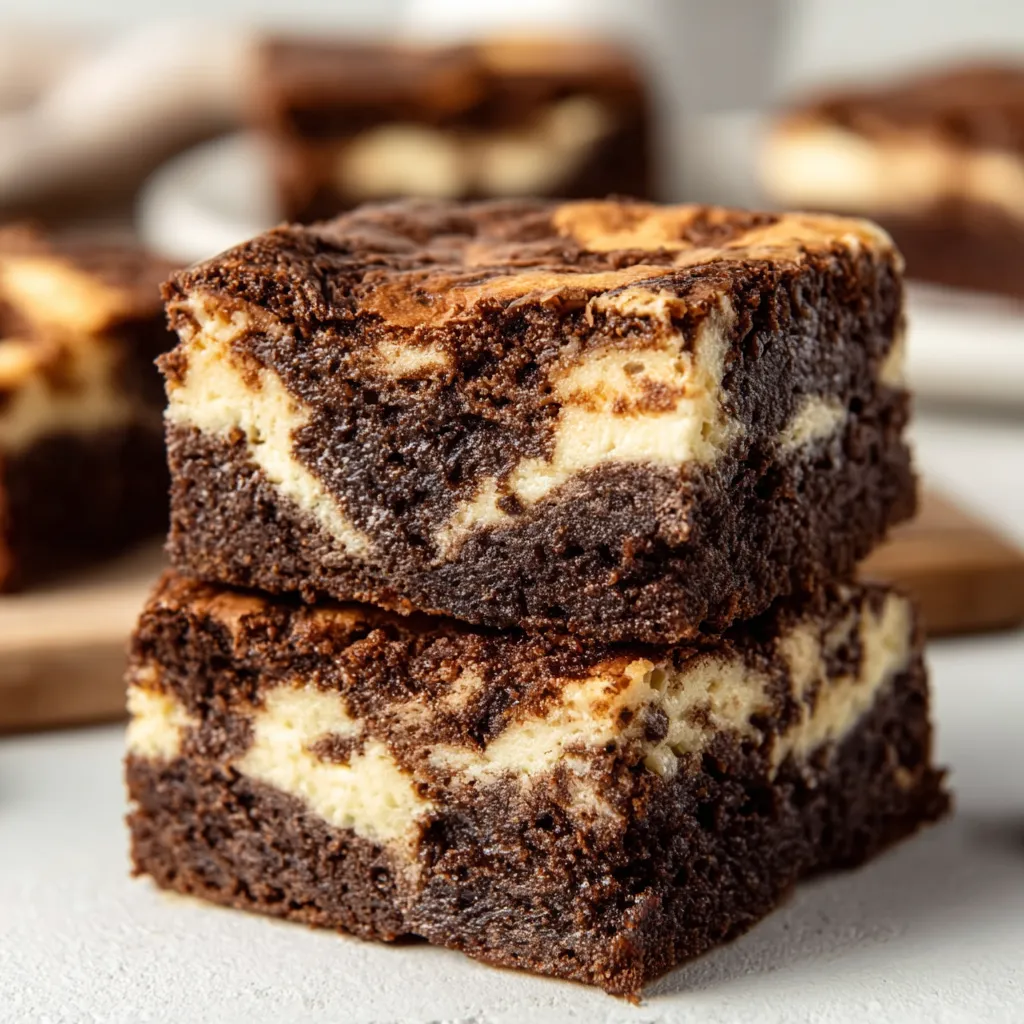Close-up view of delicious Cream Cheese Brownies, showcasing their rich texture and creamy swirl.