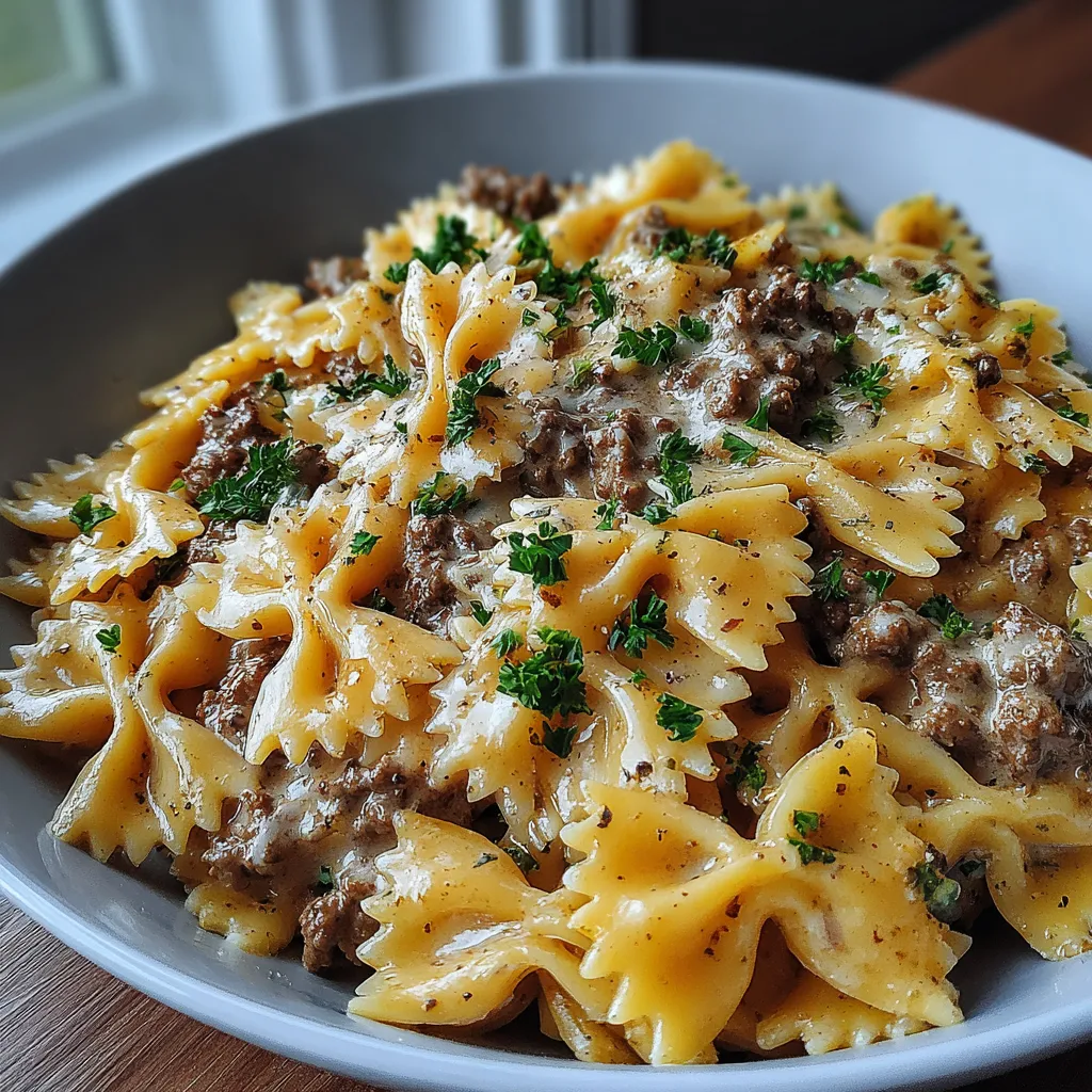 Creamy Garlic Parmesan Beef Bowtie Pasta Close-up view of a plate of Creamy Parmesan Garlic Beef Bowtie Pasta, showcasing the creamy sauce and tender beef.