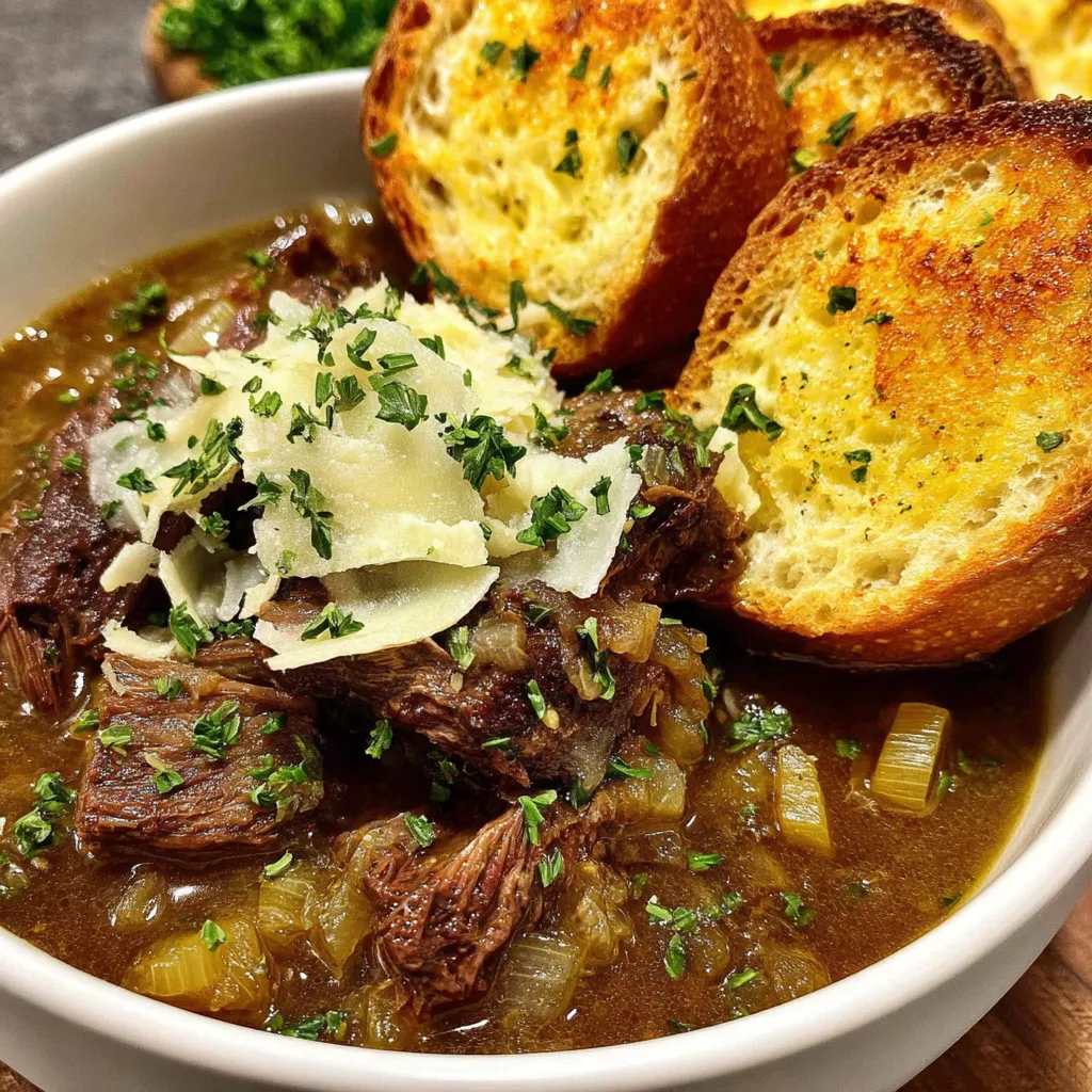 French Onion Beef Short Rib Soup A close-up bowl showcases the rich broth and tender beef short ribs in French Onion Beef Short Rib Soup.