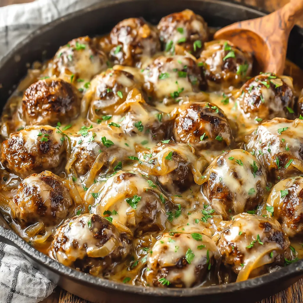 A close-up shot showcases perfectly browned French Onion Meatballs, highlighting their savory caramelized onion topping.