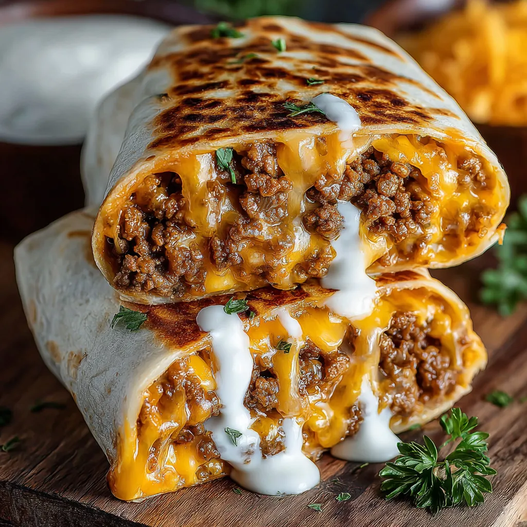 A close-up shot of a delicious Grilled Cheese Burrito showcases its cheesy, melty goodness and enticing fillings.