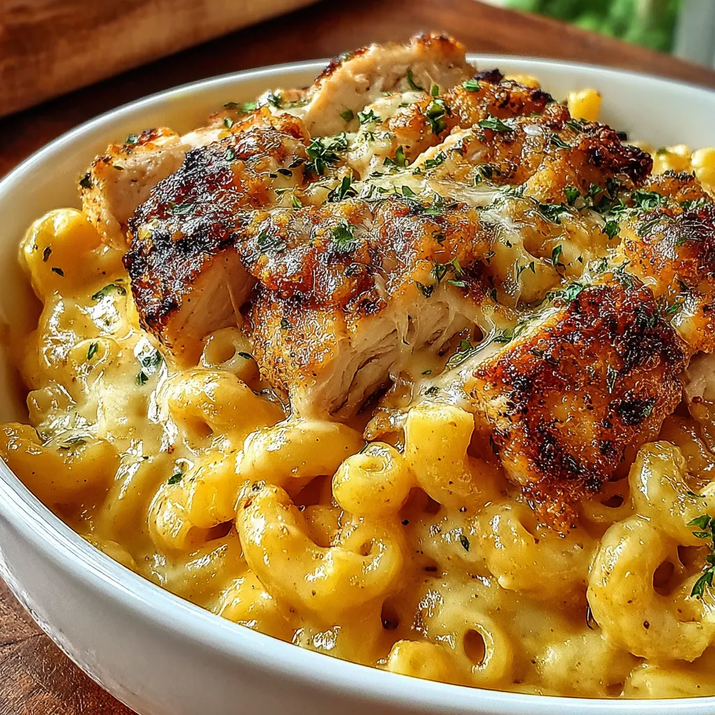 Honey Pepper Chicken Mac & Cheese Close-Up Close-up shot of Honey Pepper Chicken Mac and Cheese, showcasing its creamy texture and delicious toppings.