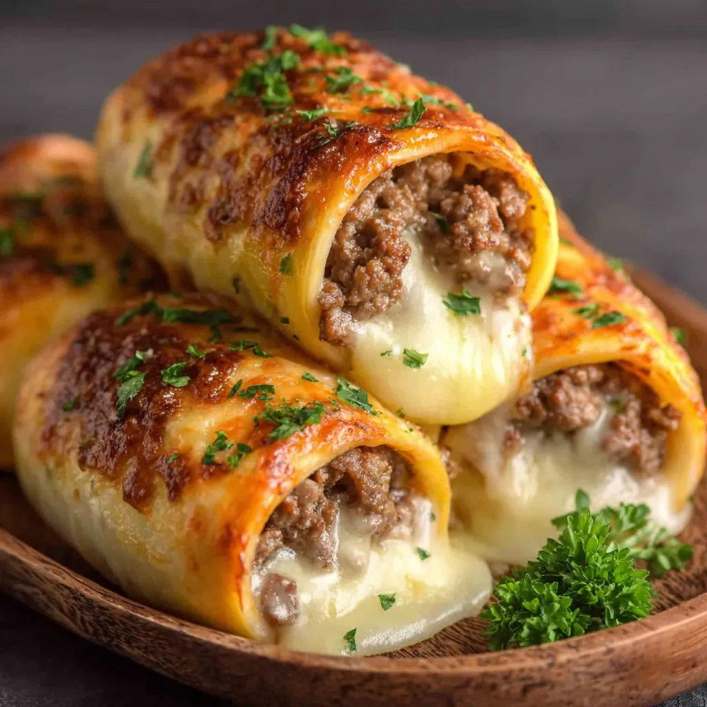 Close-up showing the cheesy filling and golden-brown crust of delicious Keto Philly Cheesesteak Rolls.