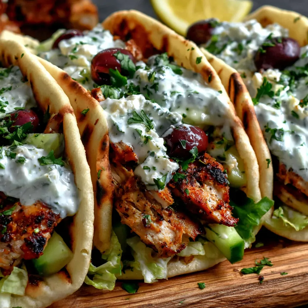 Close-up of delicious Mediterranean Chicken Gyros, showcasing the juicy chicken and fresh ingredients.