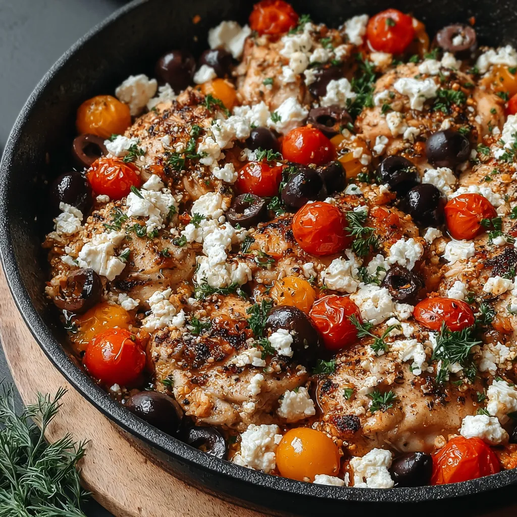 Close-up of a vibrant Mediterranean Keto Chicken Skillet, showcasing the colorful vegetables and tender chicken.