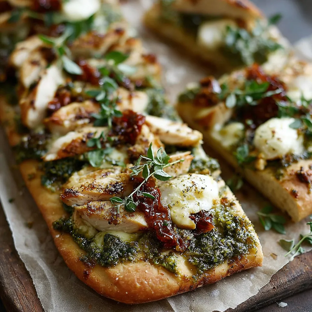 Close-up of a delicious Pesto Chicken Flatbread with grilled chicken, pesto sauce, and melted cheese.