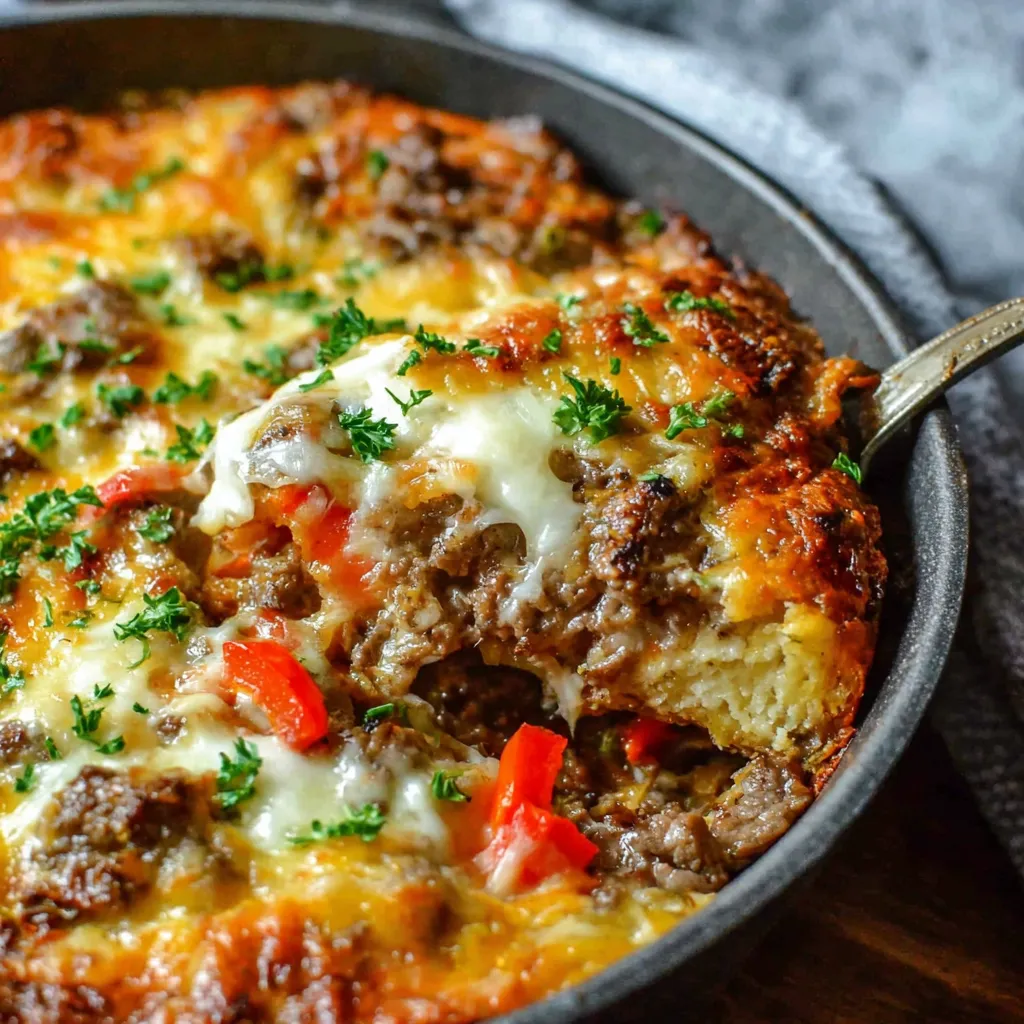 A close-up view showcases a delicious Philly Cheesesteak Casserole ready to be served.