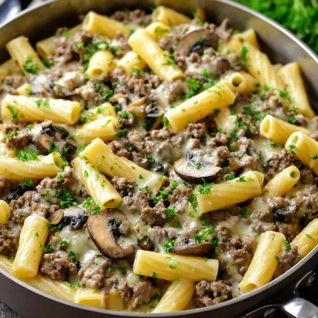 Close-up shot of creamy Philly Cheesesteak Pasta, showcasing the melted cheese and savory steak.