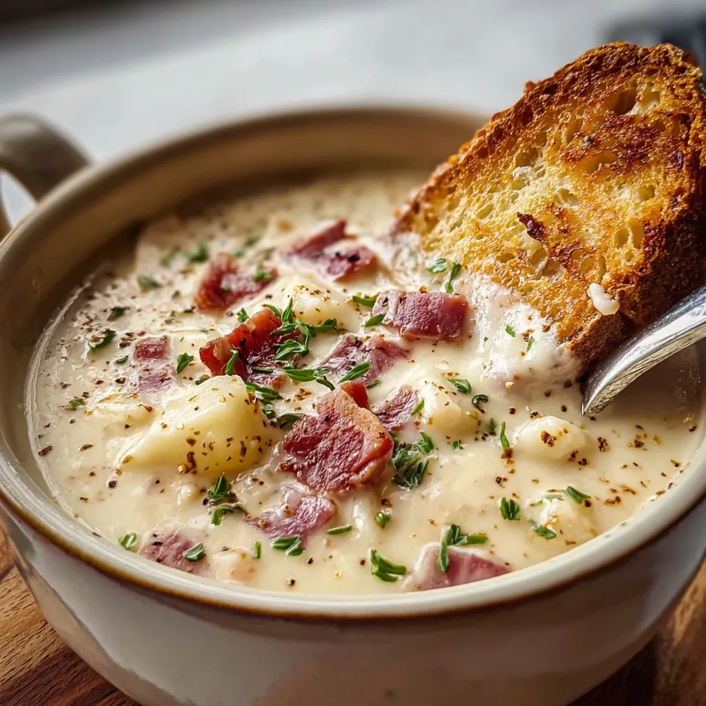 A close-up showcases a steaming bowl of Reuben Soup, highlighting the rich broth and visible ingredients.