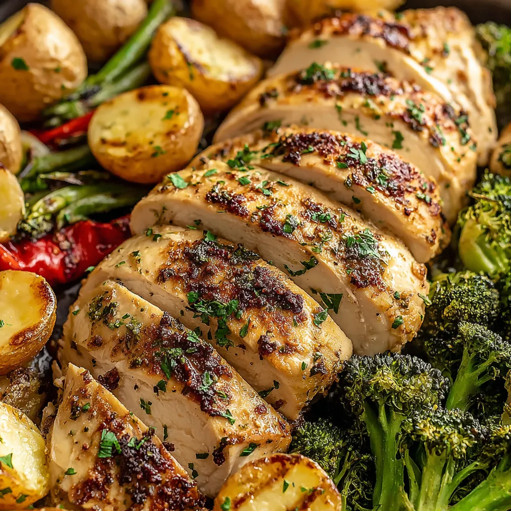 Garlic Butter Chicken Sheet Pan Meal Close-up shot of delicious and golden brown Sheet Pan Garlic Butter Chicken & Veggies, fresh out of the oven.
