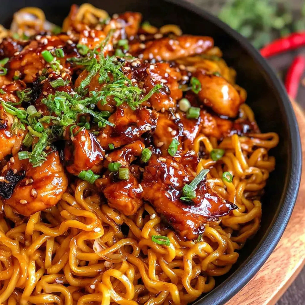 Close-up shot of delicious Sticky Garlic Chicken Noodles, showcasing the glistening sauce and tender chicken.