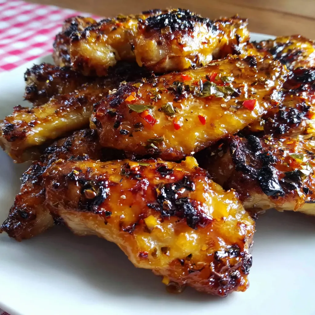 Close-up shot of flavorful Sticky Pineapple-Teriyaki Chicken Wings glistening with sauce and ready to eat.