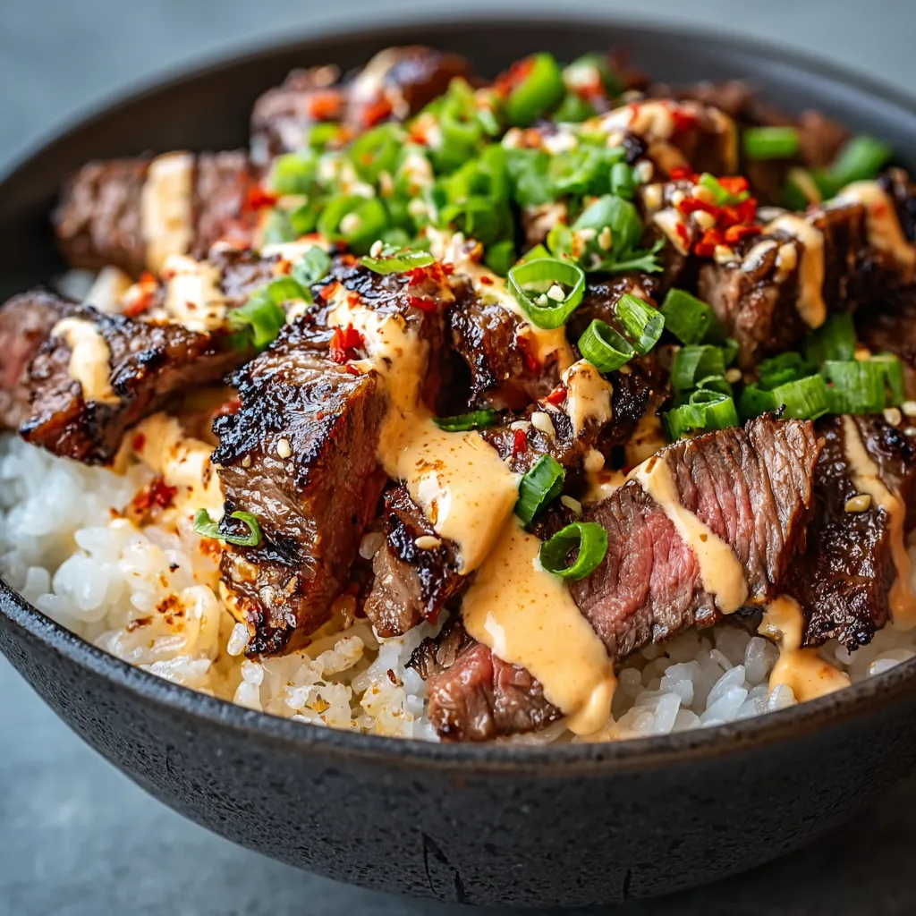 Close-up view of delicious Korean BBQ Steak Rice Bowls, showcasing the marinated steak, vibrant vegetables, and fluffy rice.