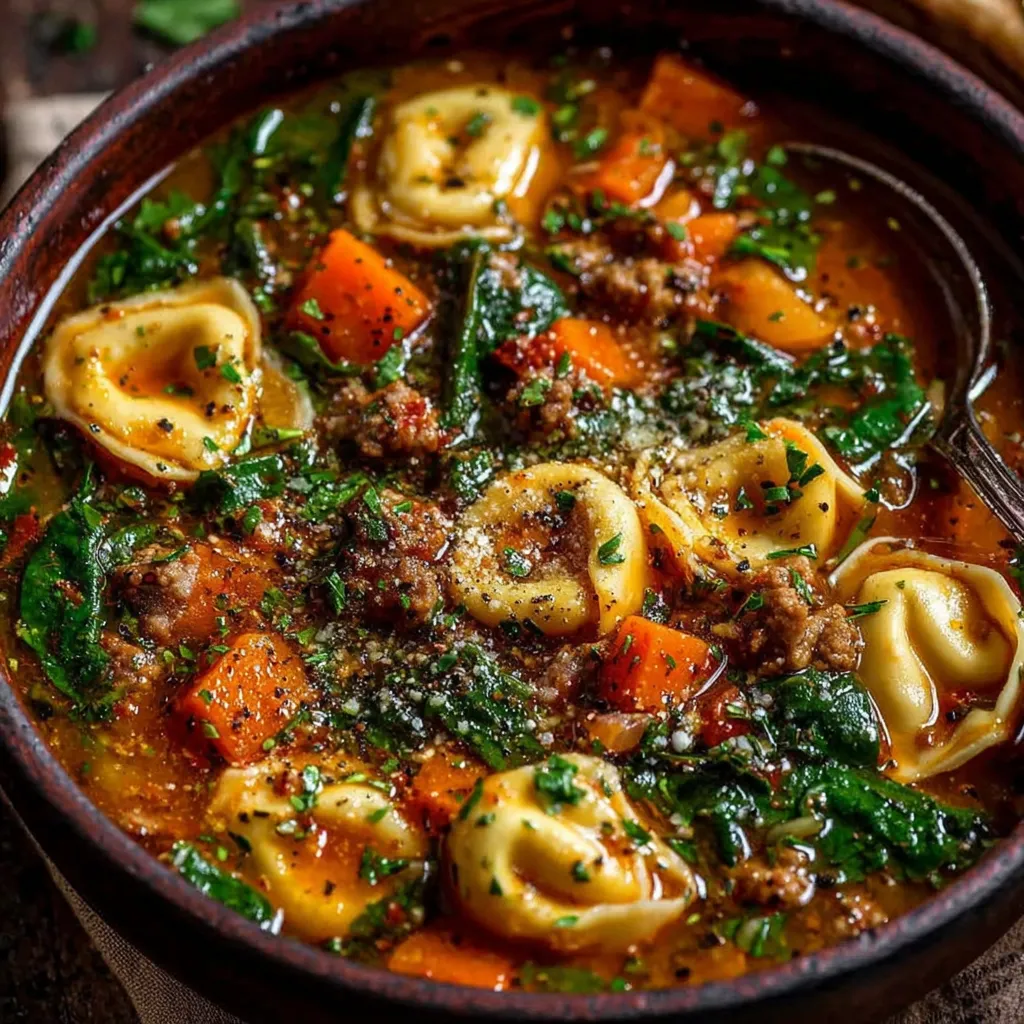 Creamy Autumn Tortellini Soup Recipe Close-up of vibrant Autumn Tortellini Soup featuring colorful vegetables and cheese-filled pasta.