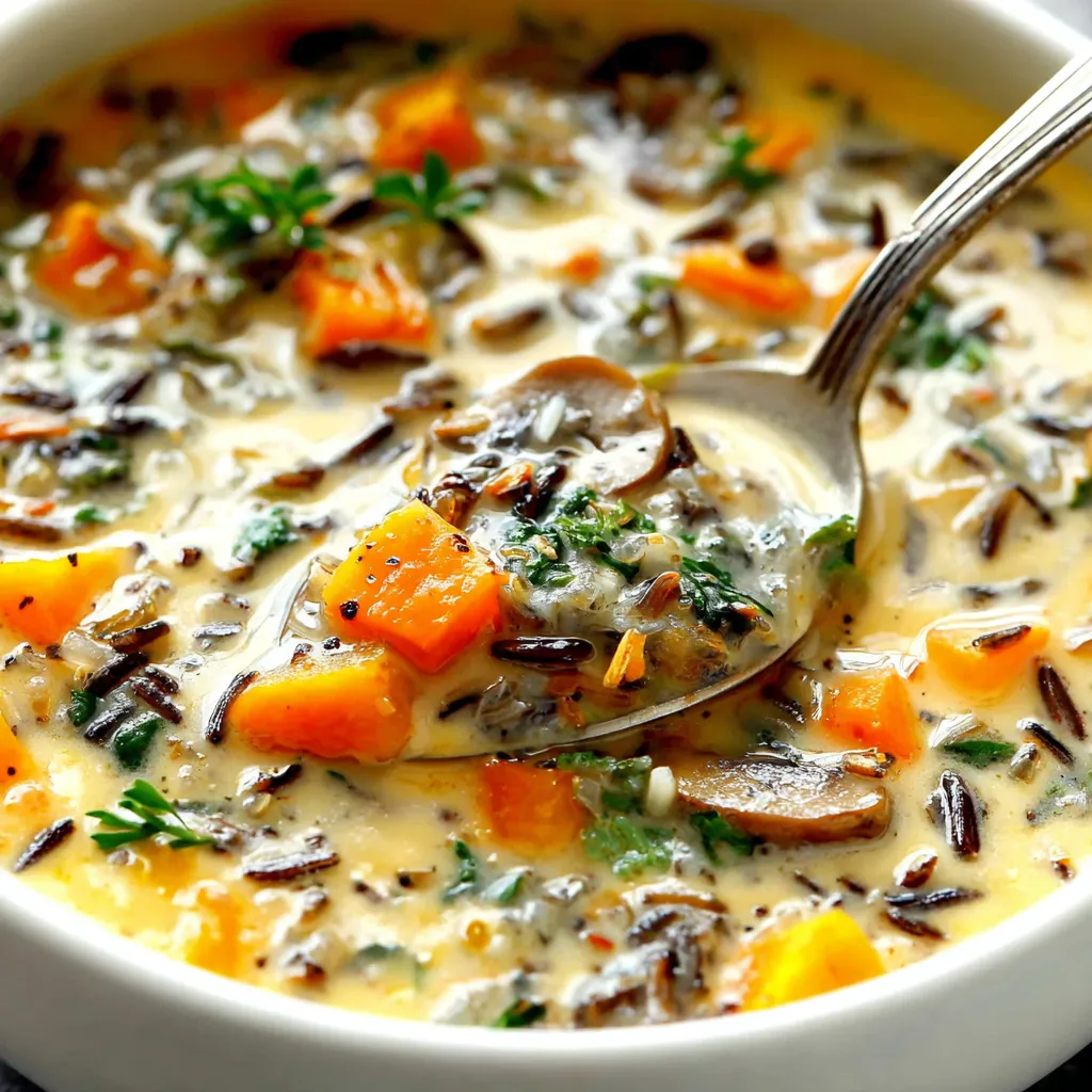 A close-up shot of Autumn Wild Rice Soup showcases its creamy texture and colorful ingredients.