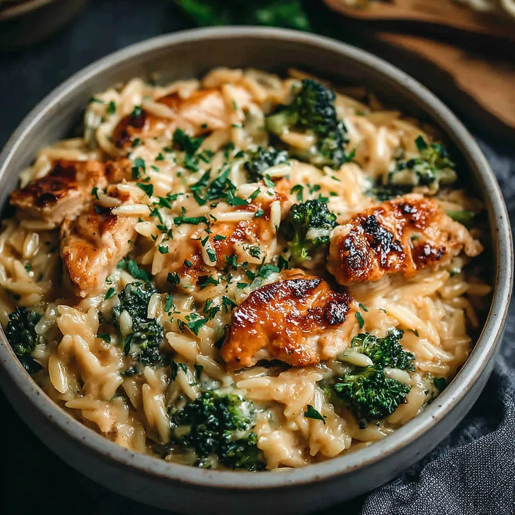 Close-up of a creamy Chicken Broccoli Orzo Bake in a baking dish, ready to be served.