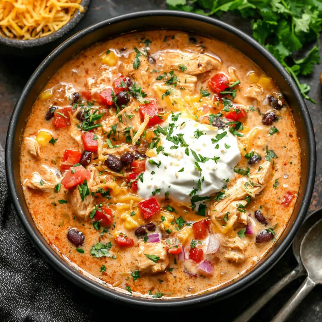 Close-up of delicious Chicken Taco Soup, showcasing the vibrant colors and textures.