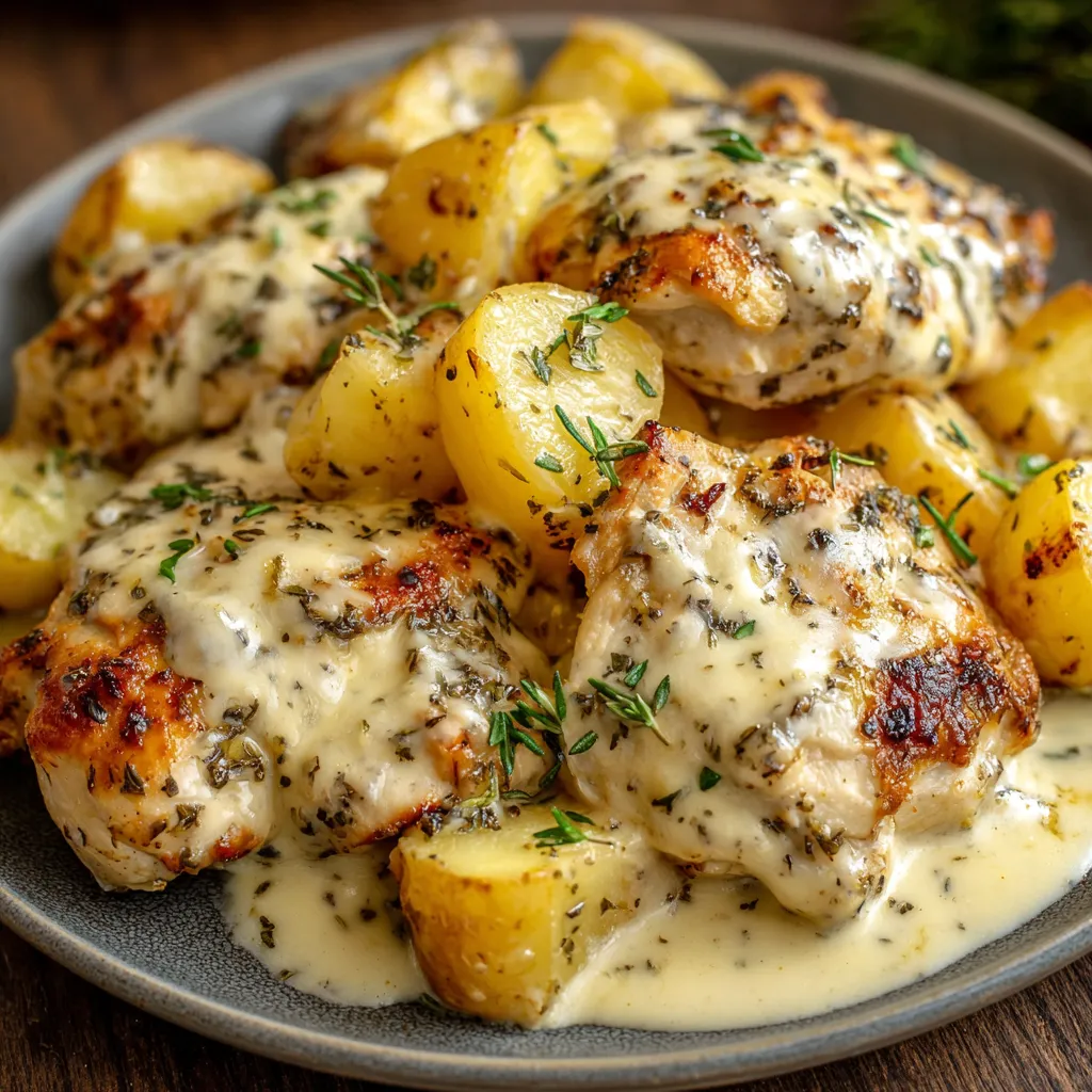 Close-up of Creamy Garlic Parmesan Crockpot Chicken & Potatoes served in a white bowl, showcasing the creamy sauce and tender chicken.