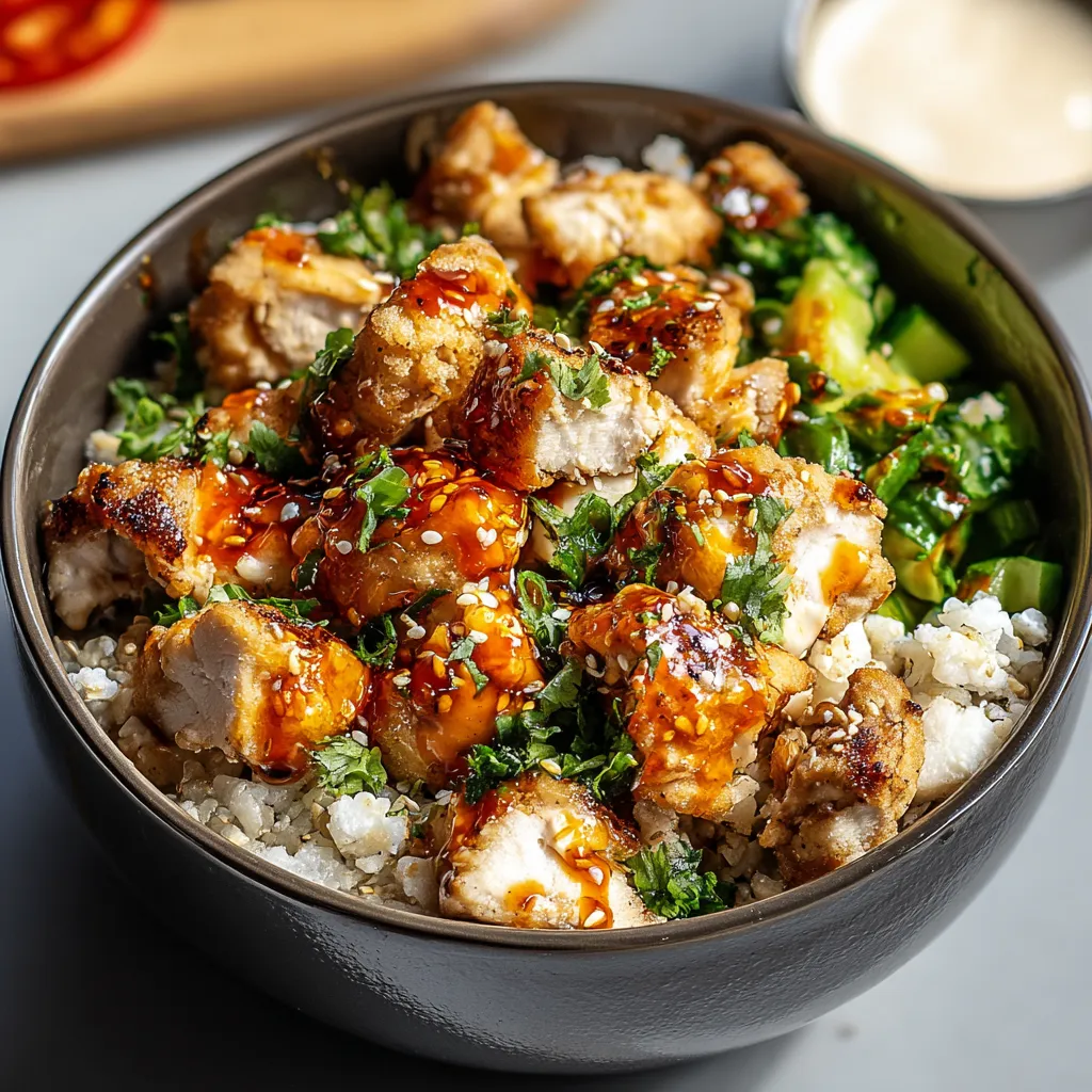 Close-up of a delicious Hot Honey Chicken Bowl showcasing the juicy chicken and vibrant toppings.