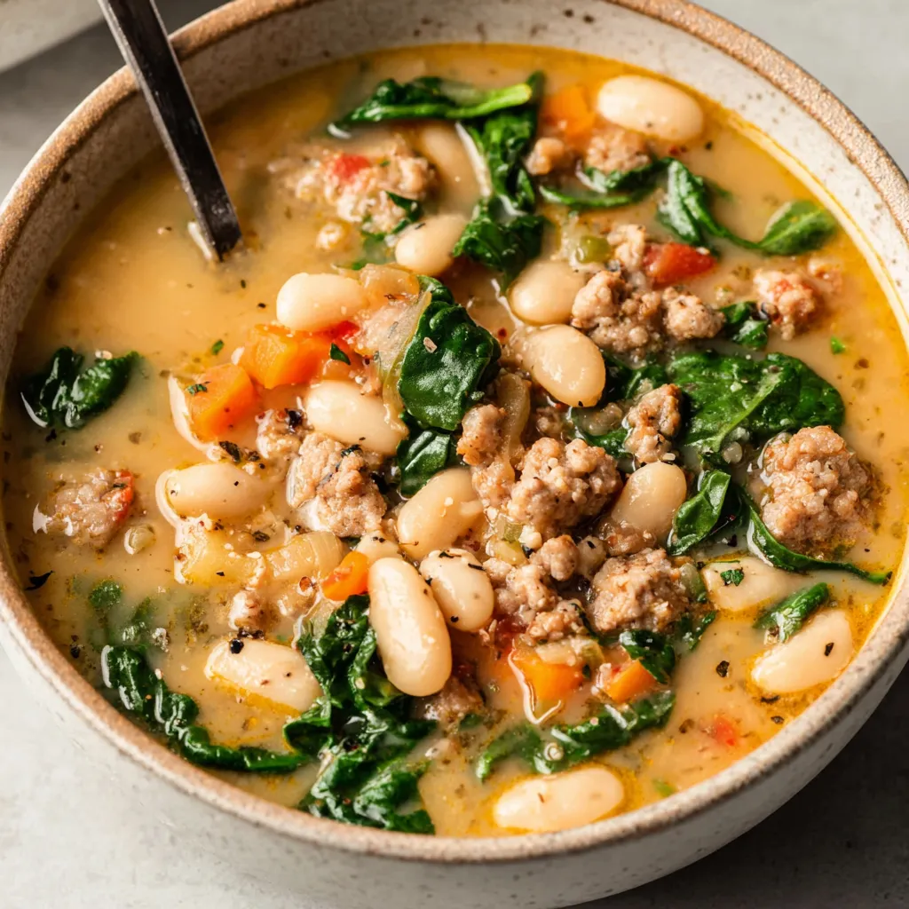 Close-up of a hearty bowl of Italian Sausage White Bean Soup, showcasing the creamy broth and colorful ingredients.
