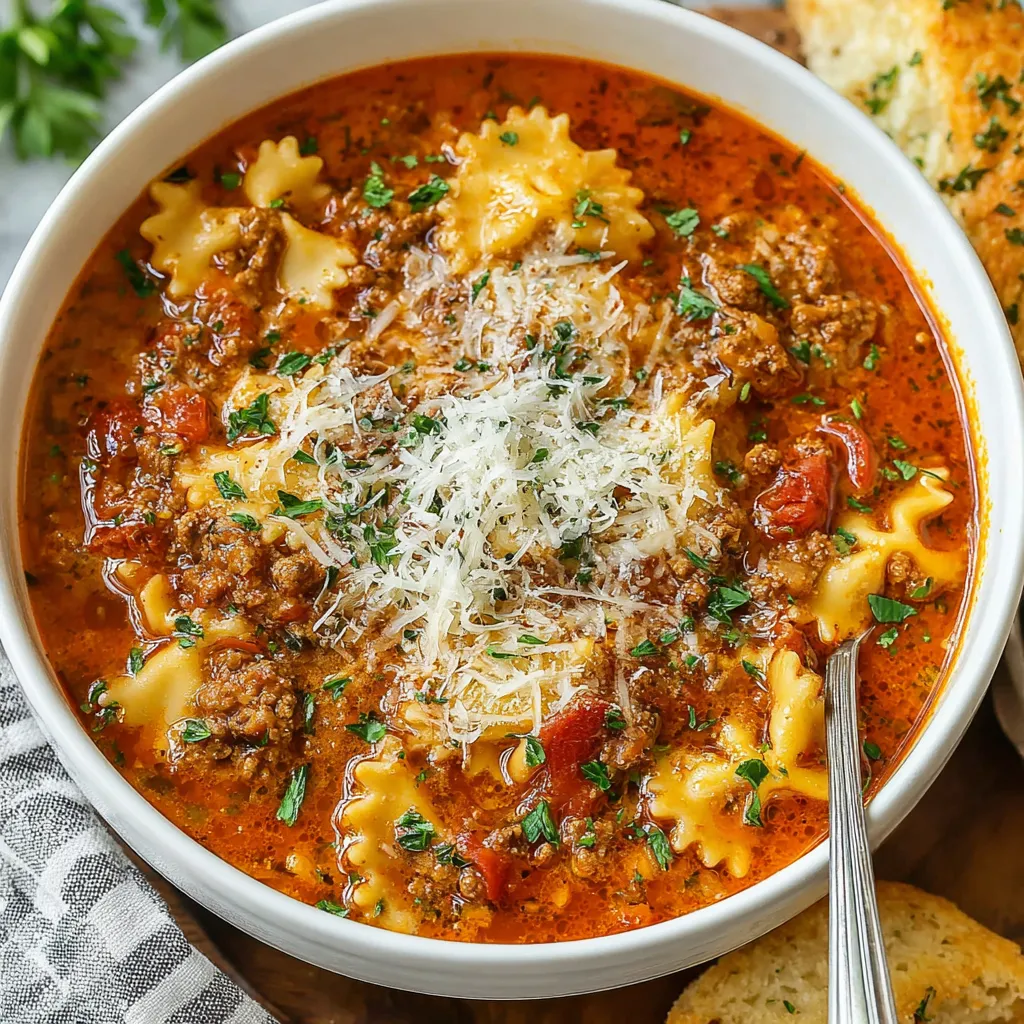 Close-up of a vibrant bowl of Lasagna Soup, showing layers of noodles, rich tomato broth, and melted cheese.