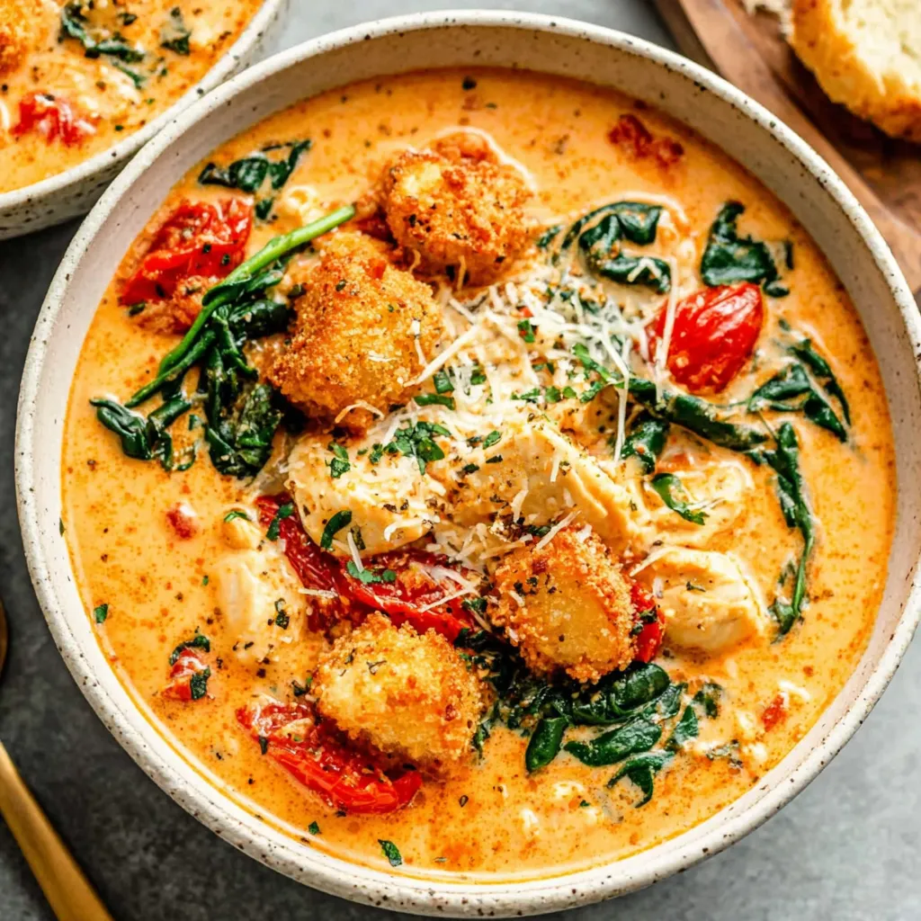 Close-up shot of creamy and delicious Marry Me Chicken Soup, showcasing its rich texture and inviting appearance.