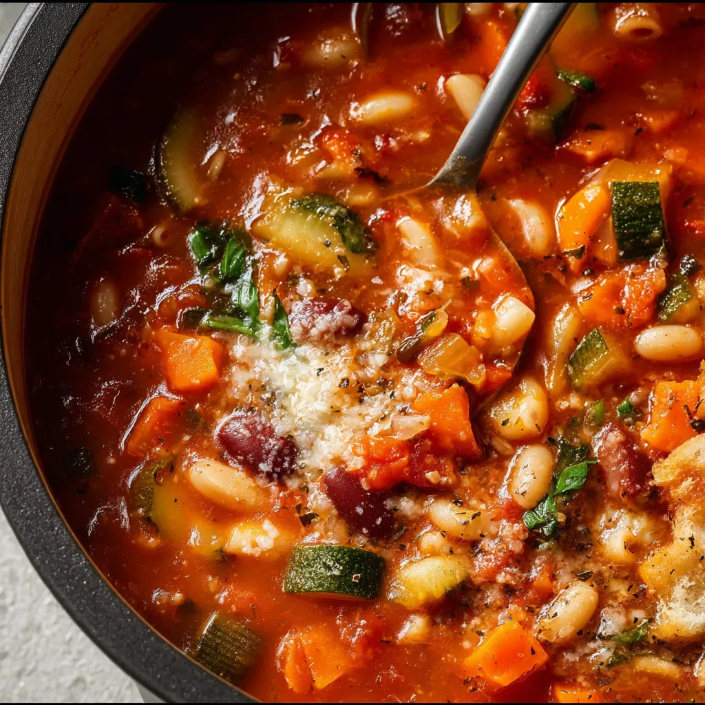 Hearty Homemade Minestrone Soup Recipe Close-up of hearty Minestrone Soup, showcasing its vibrant vegetables and rich broth.
