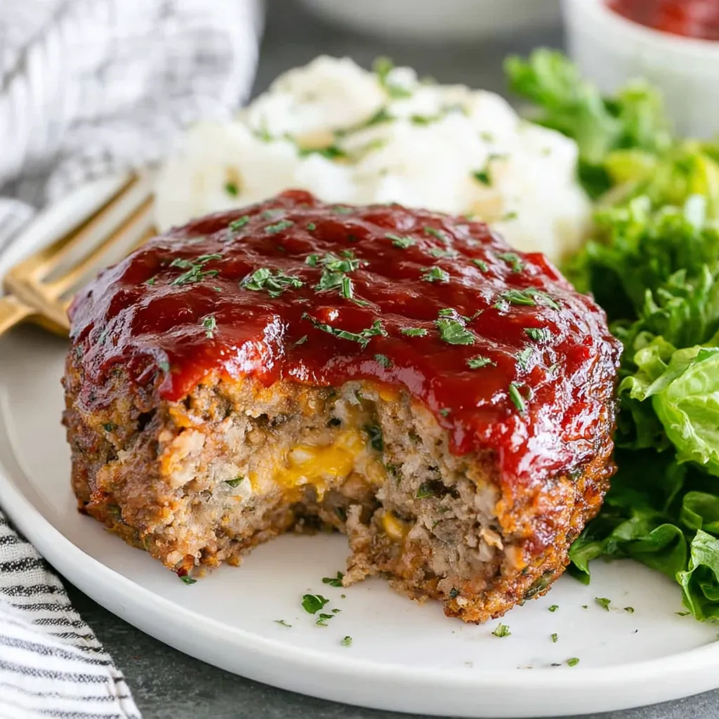 Close-up shot of a cooked Mini Meatloaf, showcasing its savory texture and inviting appearance, ready to be served.