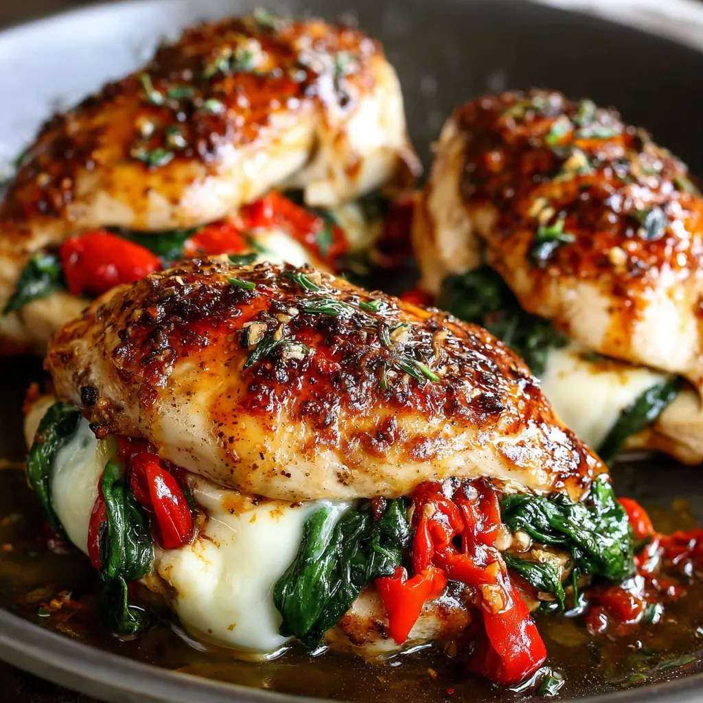 Stuffed Chicken Roasted Red Pepper Mozzarella Close-up of juicy Roasted Red Pepper Mozzarella Stuffed Chicken showcasing the melted cheese and roasted pepper filling.