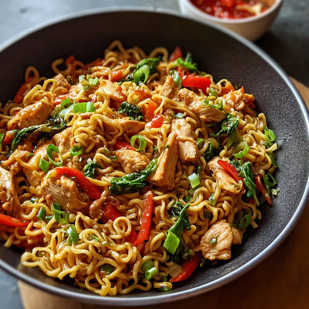 Close-up shot of a delicious Chicken Ramen Stir Fry, showcasing the vibrant vegetables and juicy chicken.