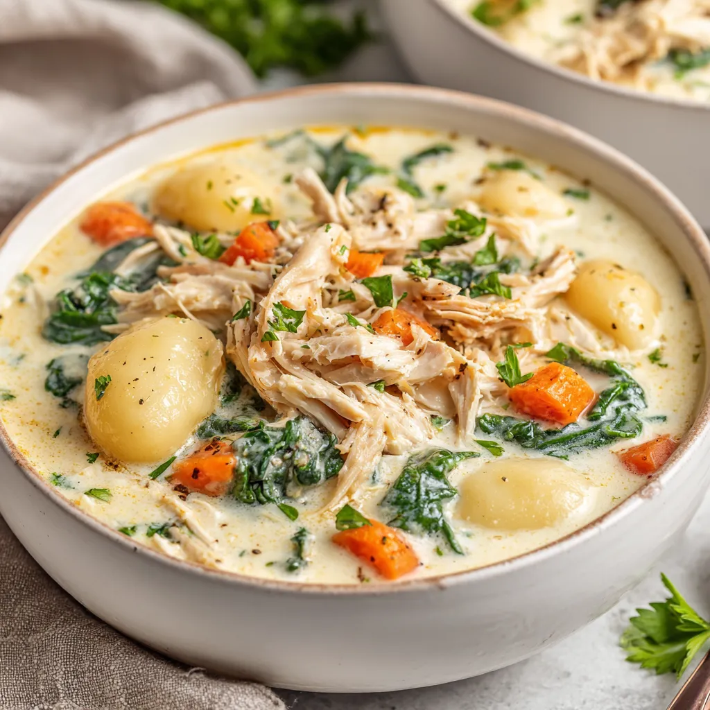 A close-up shot of creamy Rotisserie Chicken Gnocchi Soup, showcasing the tender chicken and soft gnocchi.