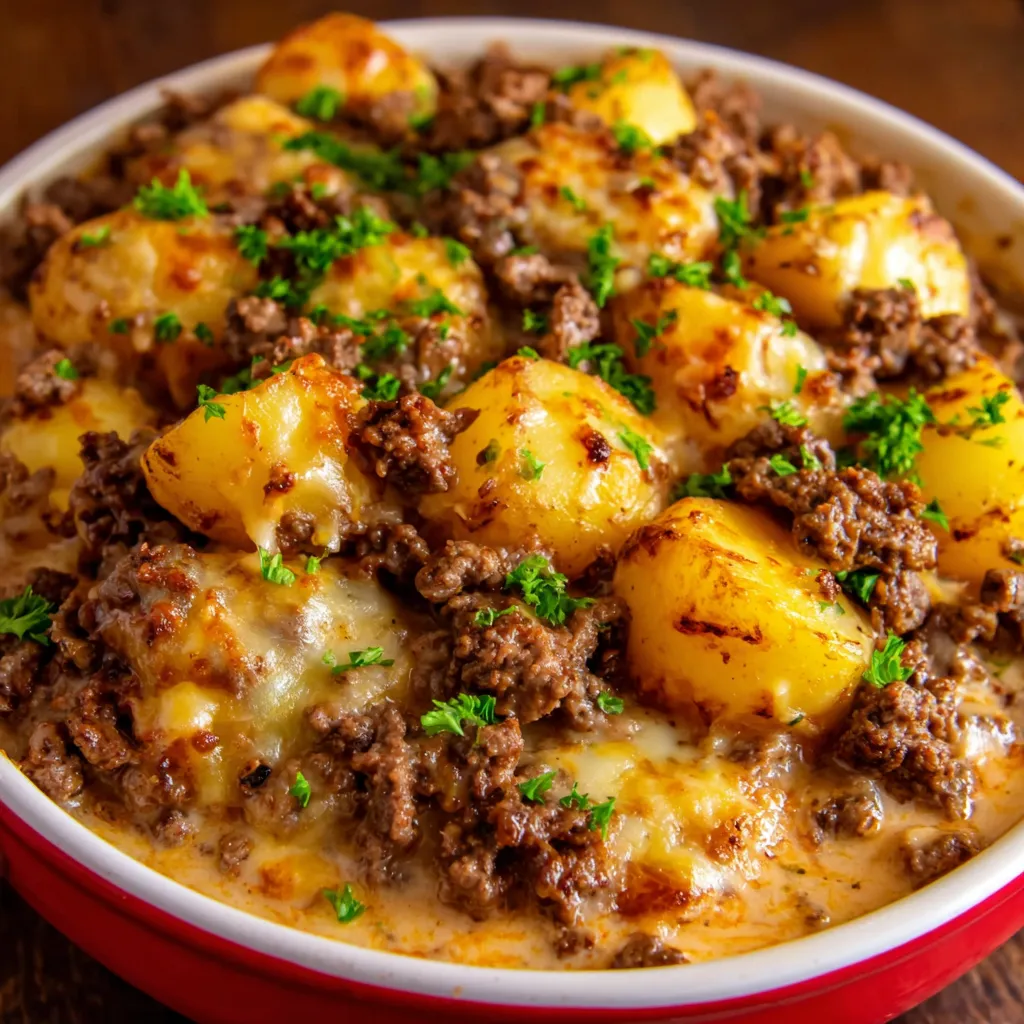 Close-up view of a hearty Slow Cooker Beef And Potato Casserole, showcasing the tender beef and golden-brown potatoes.