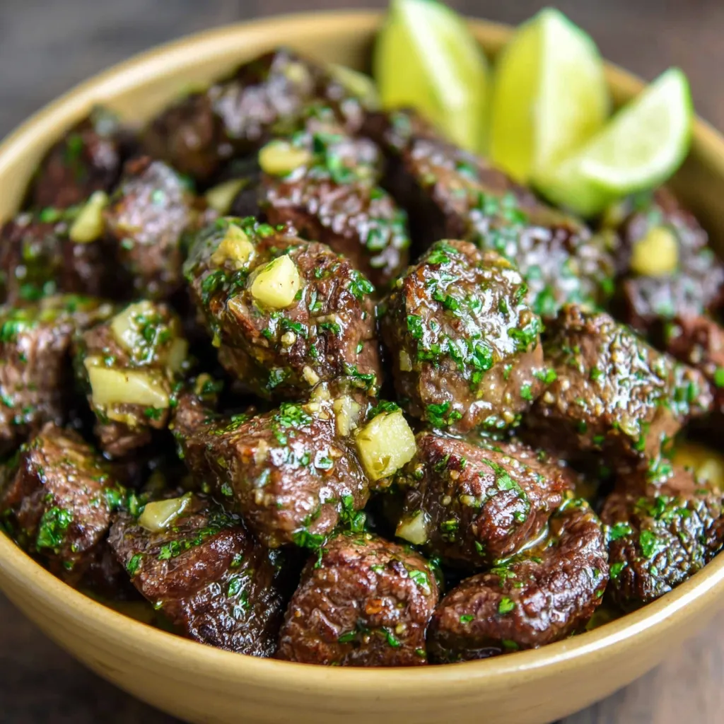 Close-up of juicy Slow Cooker Garlic Butter Beef Bites, cooked to perfection and ready to serve.