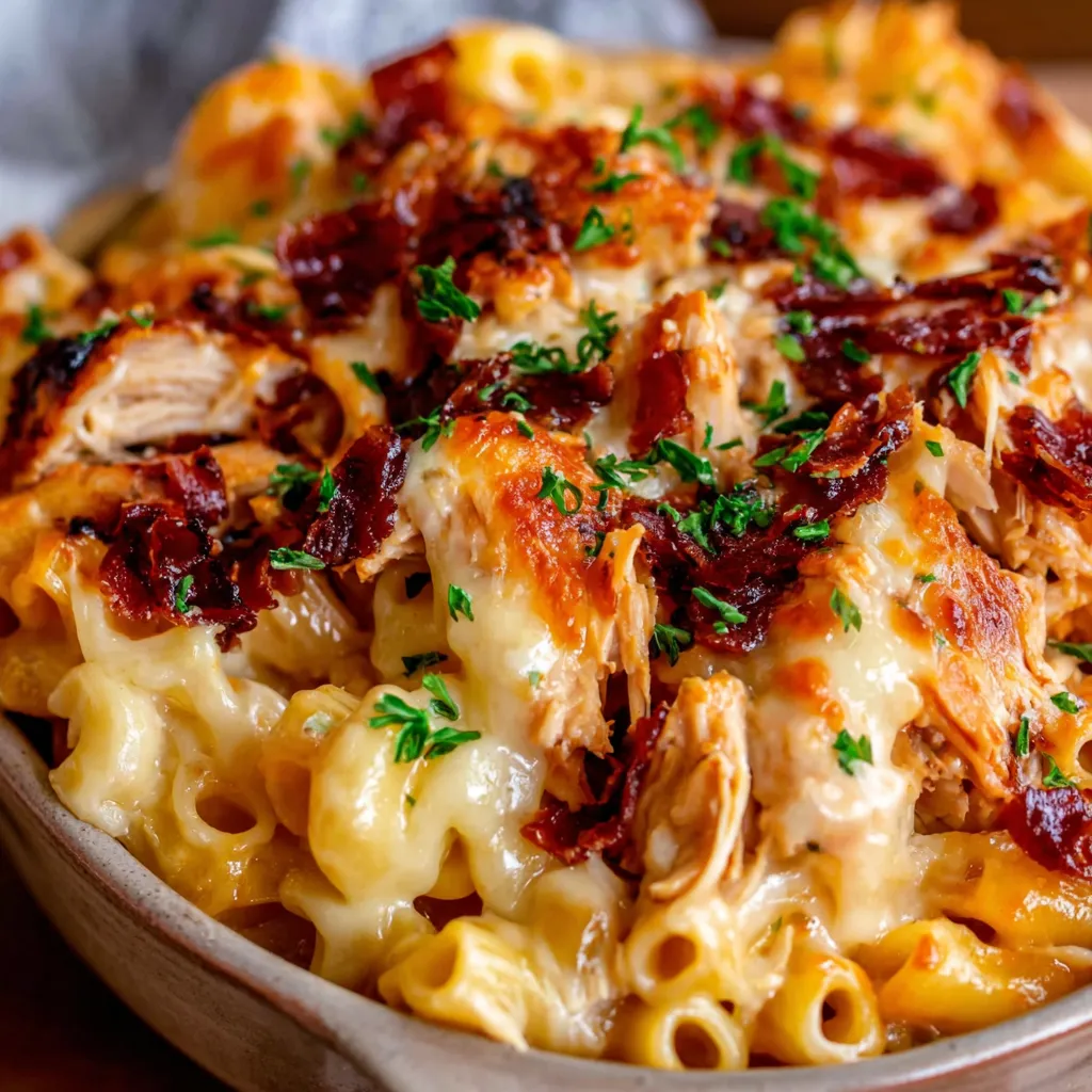 A close-up shot showcases a delicious bowl of Smoky BBQ Chicken Mac And Cheese, highlighting the creamy texture and smoky barbecue flavors.
