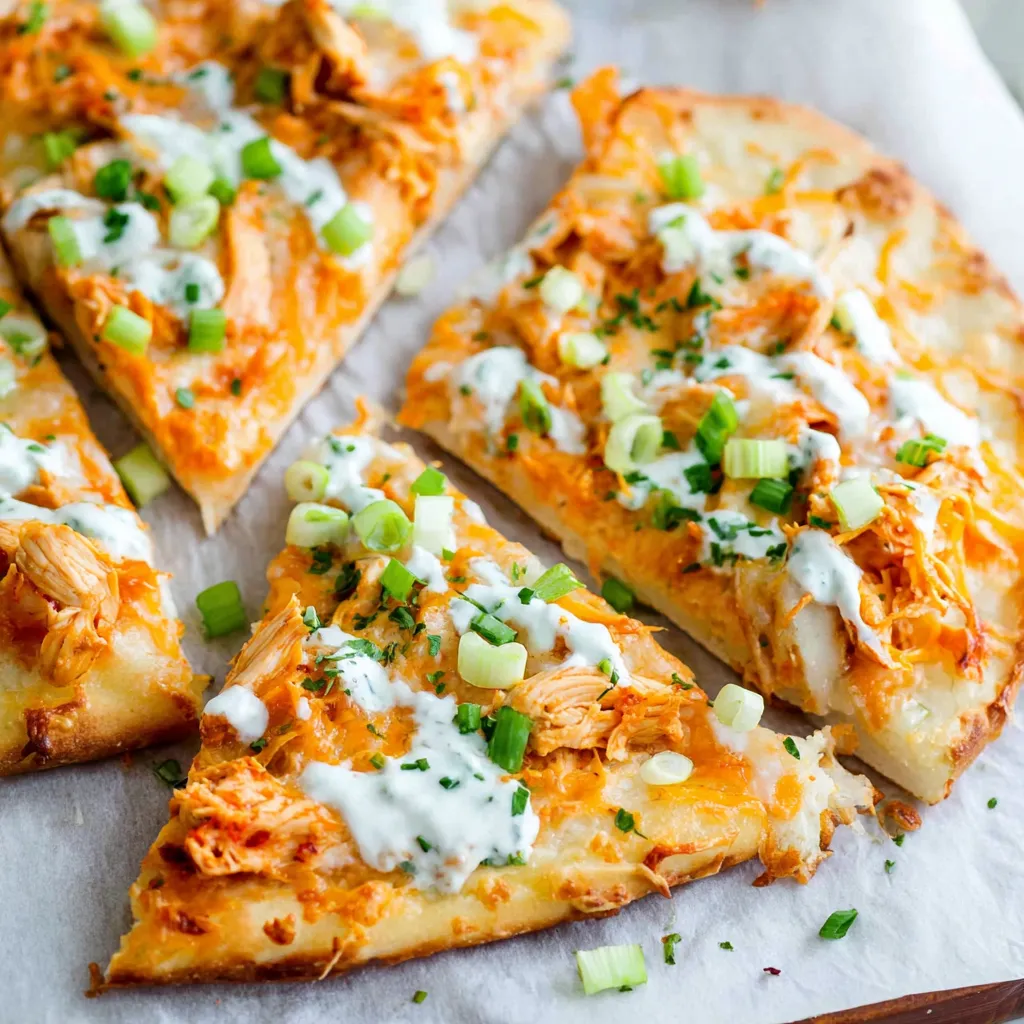 Close-up shot of a delicious Spicy Buffalo Chicken Flatbread, showcasing the melted cheese, buffalo sauce drizzle, and tender chicken.