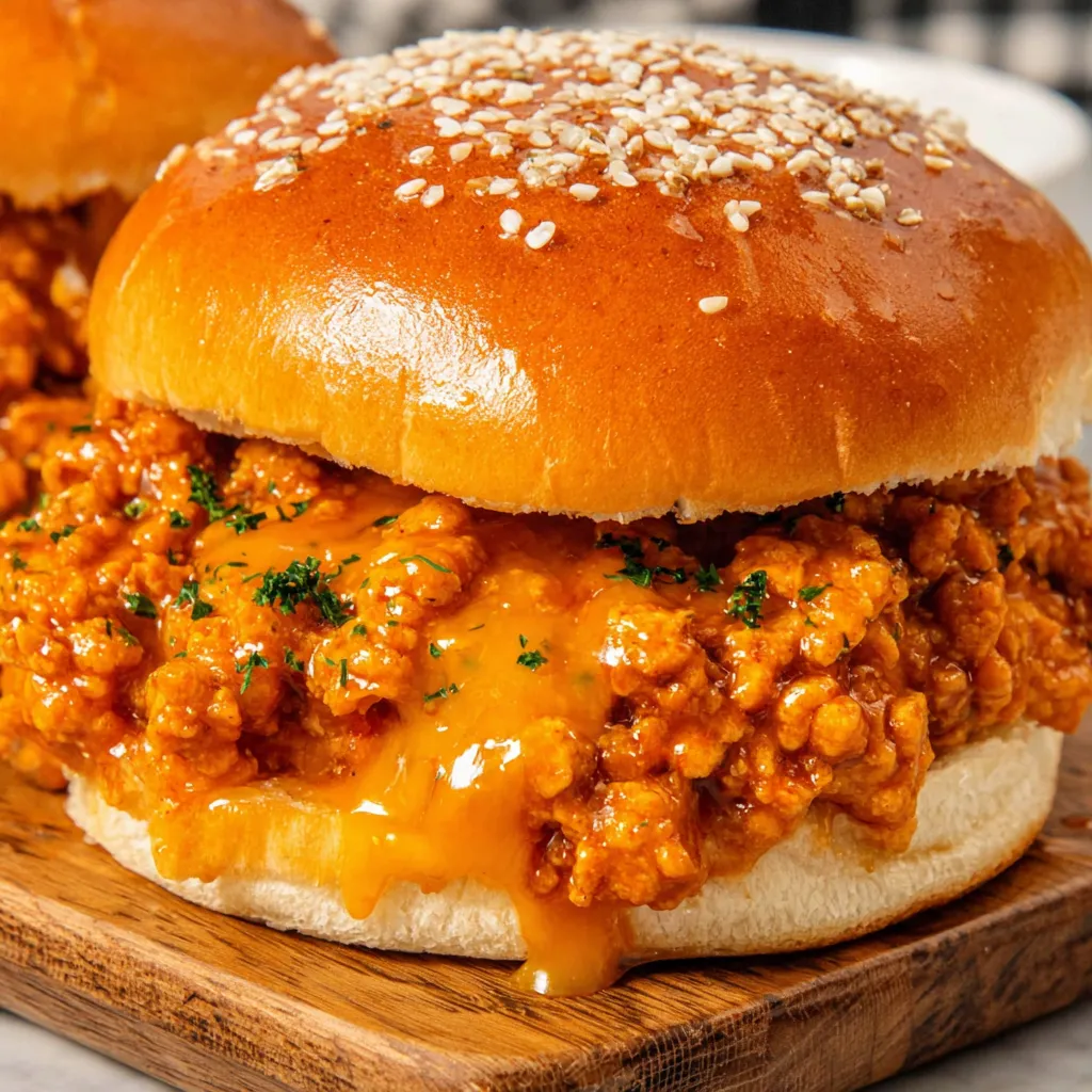 Close-up of juicy Spicy Cajun Chicken Sloppy Joes overflowing on toasted buns, showcasing the vibrant colors and textures of this flavorful dish.