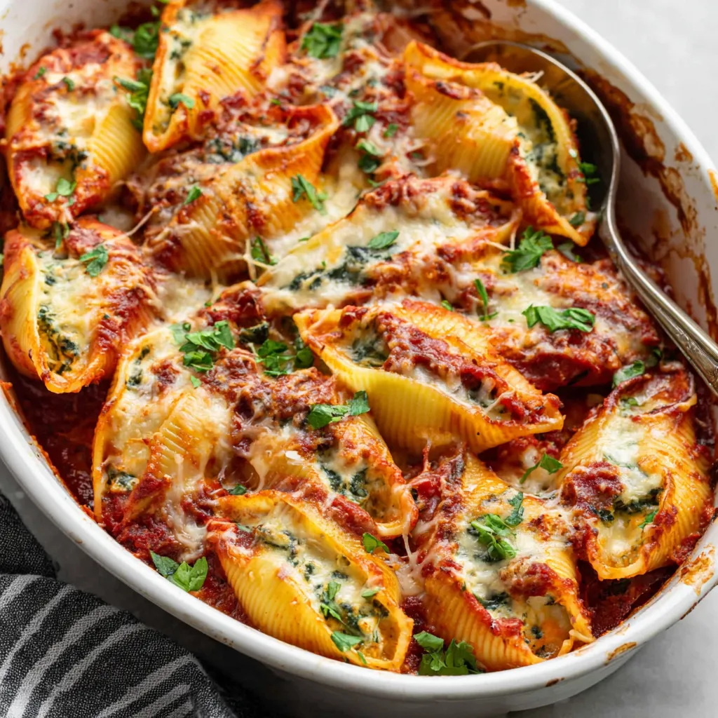 Close-up of delicious Spinach Ricotta Stuffed Shells, showcasing the creamy filling and baked pasta.