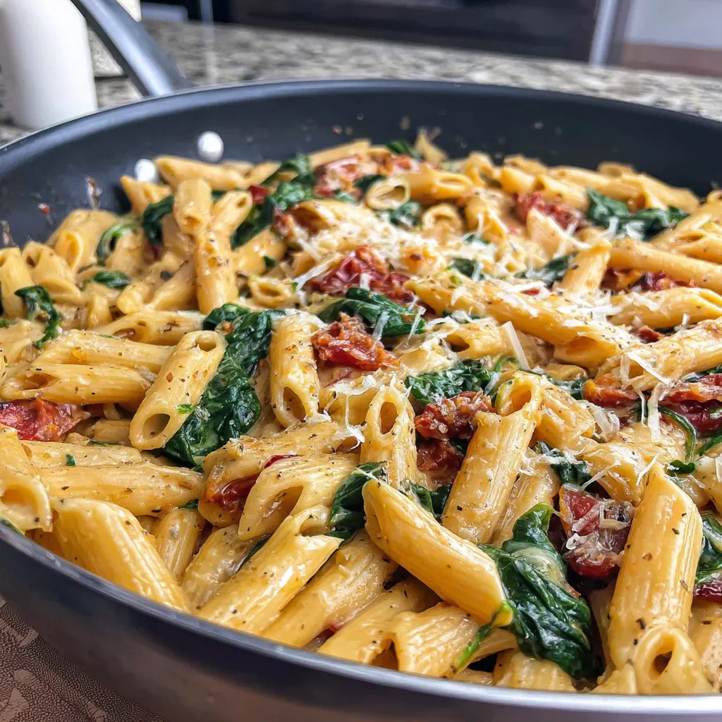 Close-up shot of a vibrant and delicious plate of Spinach Tomato Pasta, showcasing the fresh ingredients and inviting texture.