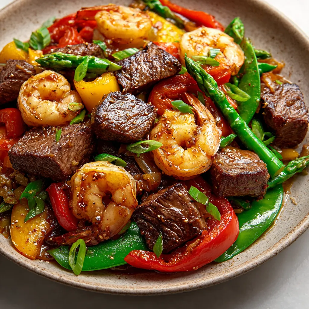 Close-up shot of a vibrant Steak And Shrimp Stir-Fry, showcasing the juicy steak, plump shrimp, and colorful vegetables glistening with sauce.