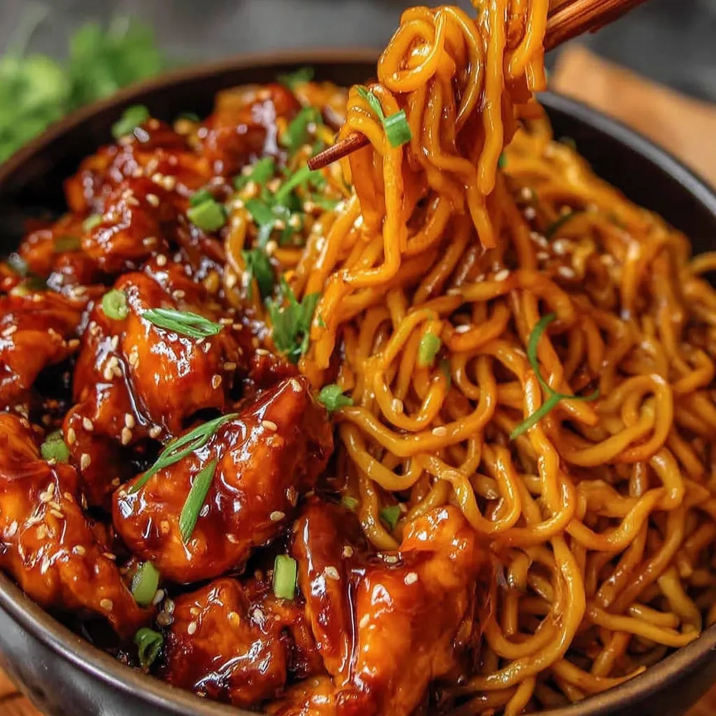 Close-up of delicious Sticky Garlic Chicken Noodles, showcasing the glistening sauce and tender chicken pieces.