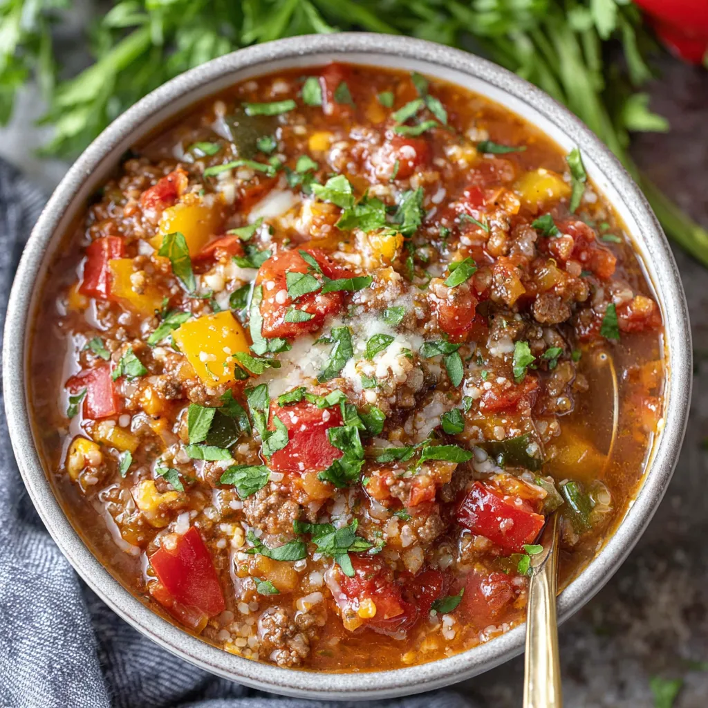 Close-up of delicious Stuffed Pepper Soup in a bowl, showcasing the colorful peppers and rich broth.