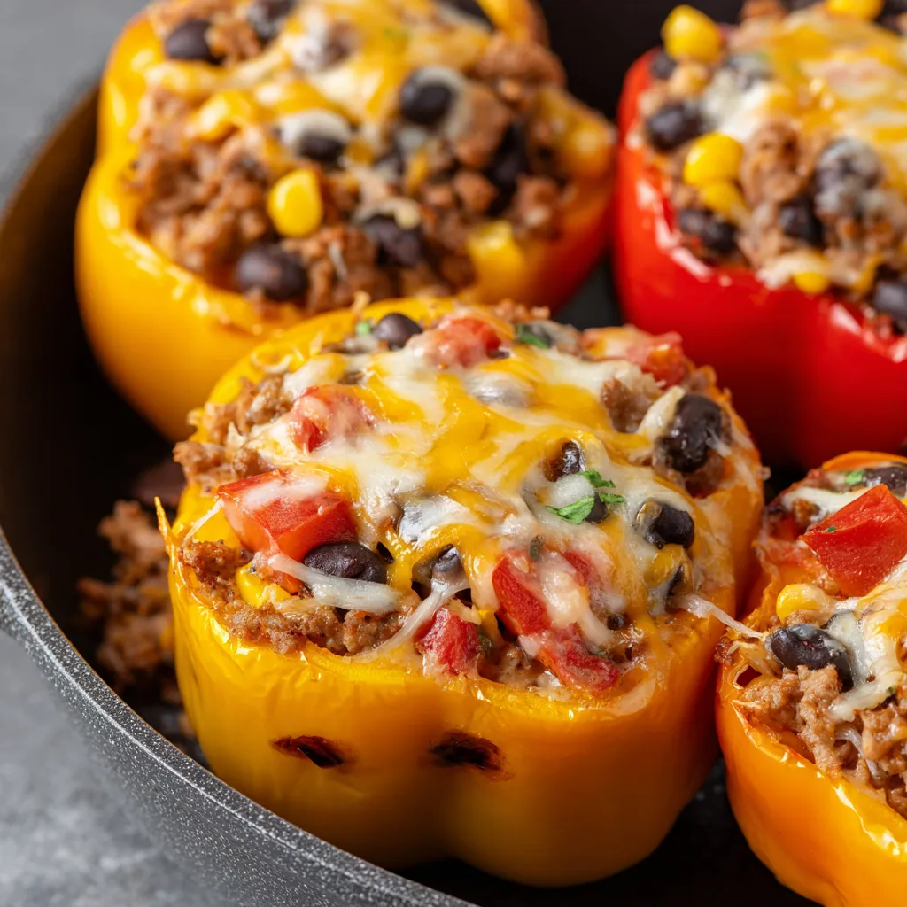 Close-up of delicious Taco Stuffed Peppers, showcasing the vibrant filling and colorful peppers.