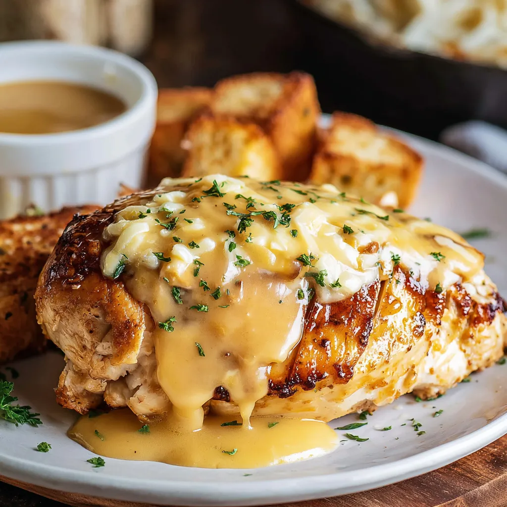 A close-up shot shows the delicious Texas Roadhouse Smothered Chicken, highlighting the melted cheese, sautéed mushrooms, and onions.