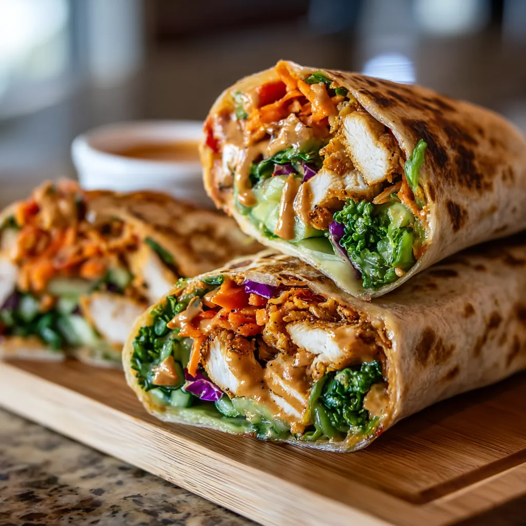Close-up of delicious Thai Peanut Chicken Wraps, showcasing the vibrant ingredients and appealing presentation.