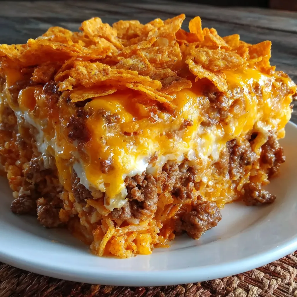 Cheesy Dorito Casserole Recipe A close-up shot showcases a freshly baked Cheesy Dorito Casserole, revealing its layers of melted cheese, Doritos, and savory filling.