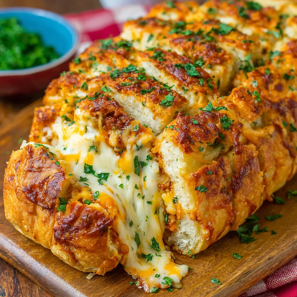 Close-up of freshly baked Cheesy Garbage Bread, showcasing its gooey cheese and savory fillings.